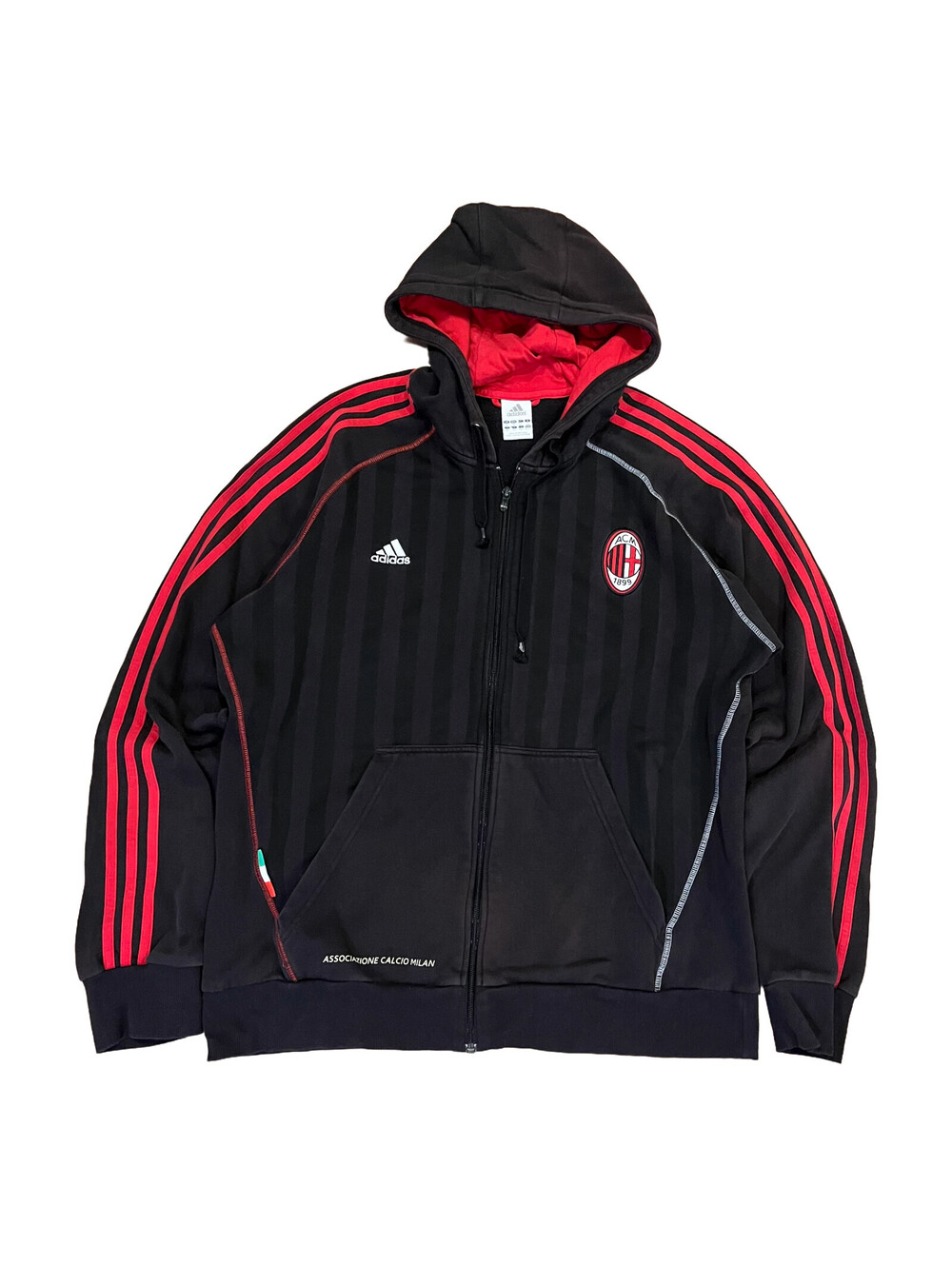 VTG AC Milan Zip Up Hoodie Sweatshirt Mens XL Black Soccer Adidas